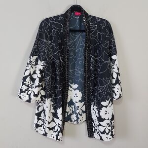 Together Open Front Floral Kimono Size XL Black White Beaded Trim Lightweight